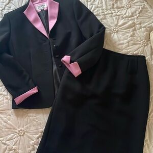Kasper Two Piece Black Power Suit with Pink Trim Size 2P
